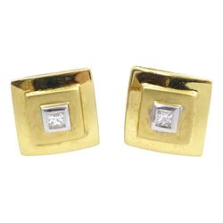 Pair of 18ct yellow and white gold kite shaped single stone diamond stud earrings, hallmarked 