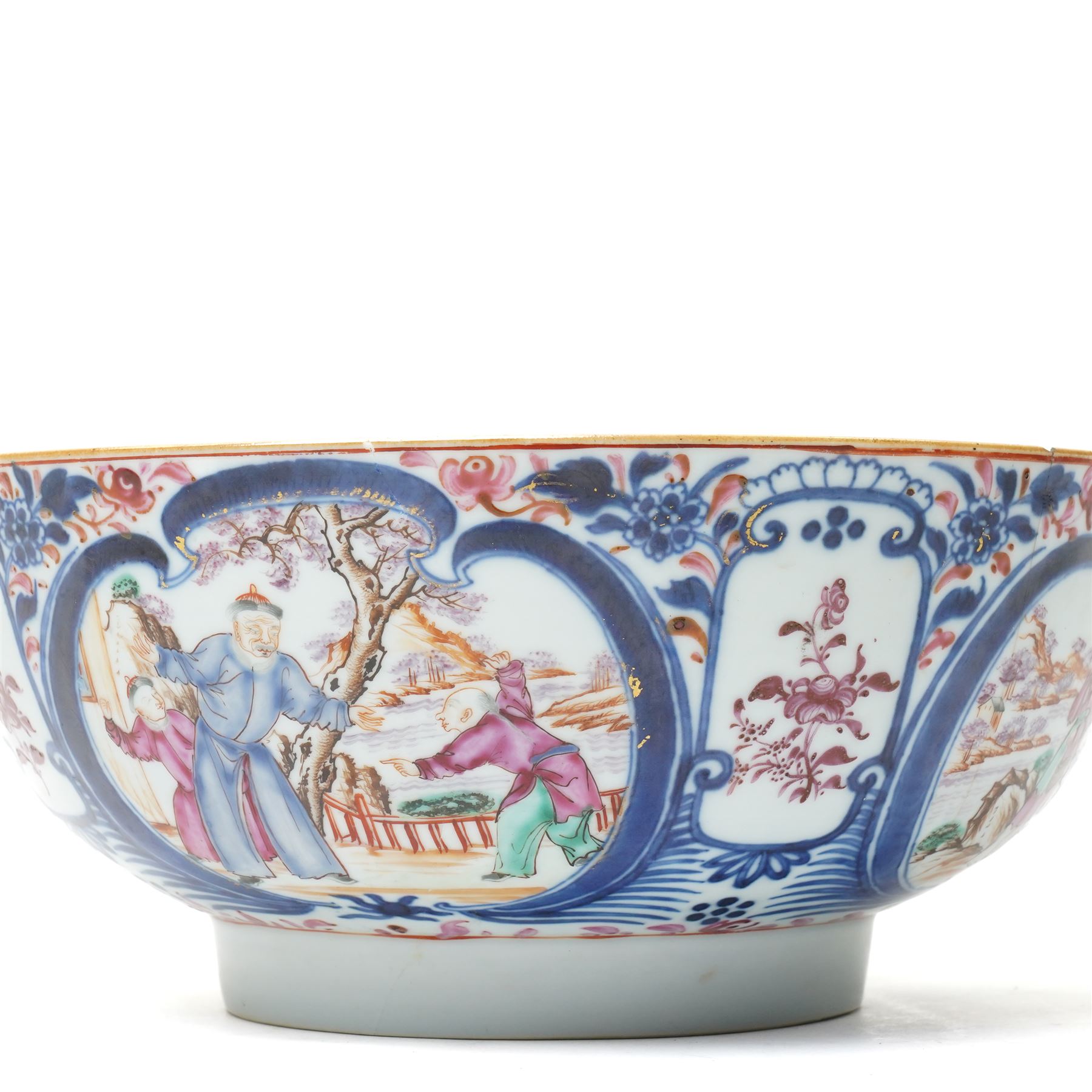 19th century Chinese famille rose punch bowl, decorated with panels of traditional scenes within blue decoration, D26cm 