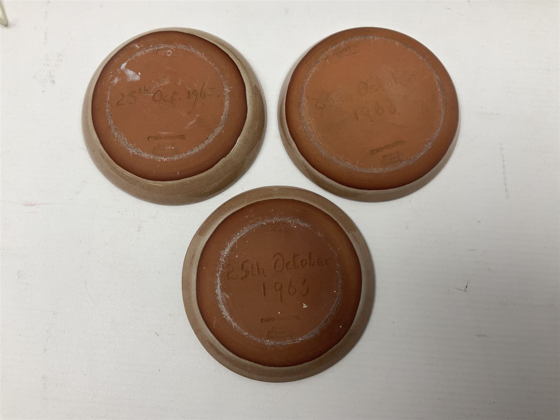 Collection of studio pottery, to include salt glaze vase with trailed decoration, impressed JH mark, possibly Joanna Still (nee Harrisson), set of six cups and vase by Diana Eden with impressed DE marks beneath, etc