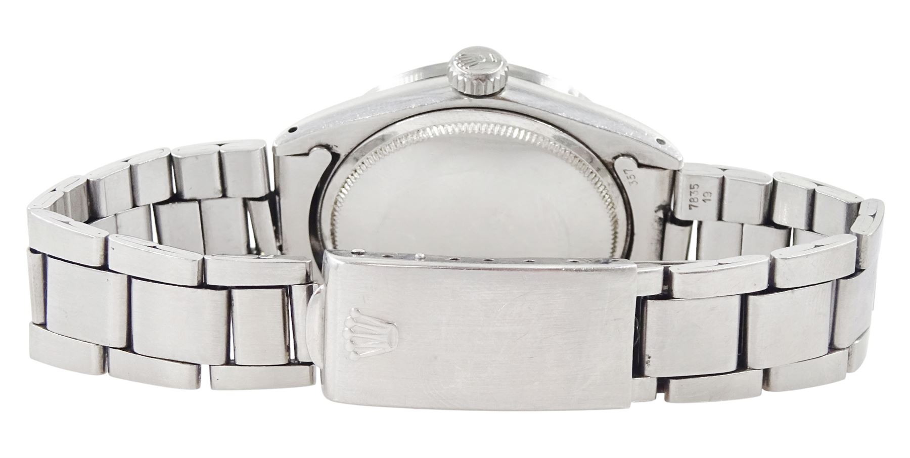 Rolex Oyster Perpetual Date gentleman's stainless steel automatic wristwatch, Ref. 1501, serial No. 2365486, circa 1970, silvered dial with baton hour markers, on stainless steel Oyster bracelet, with fold-over clasp