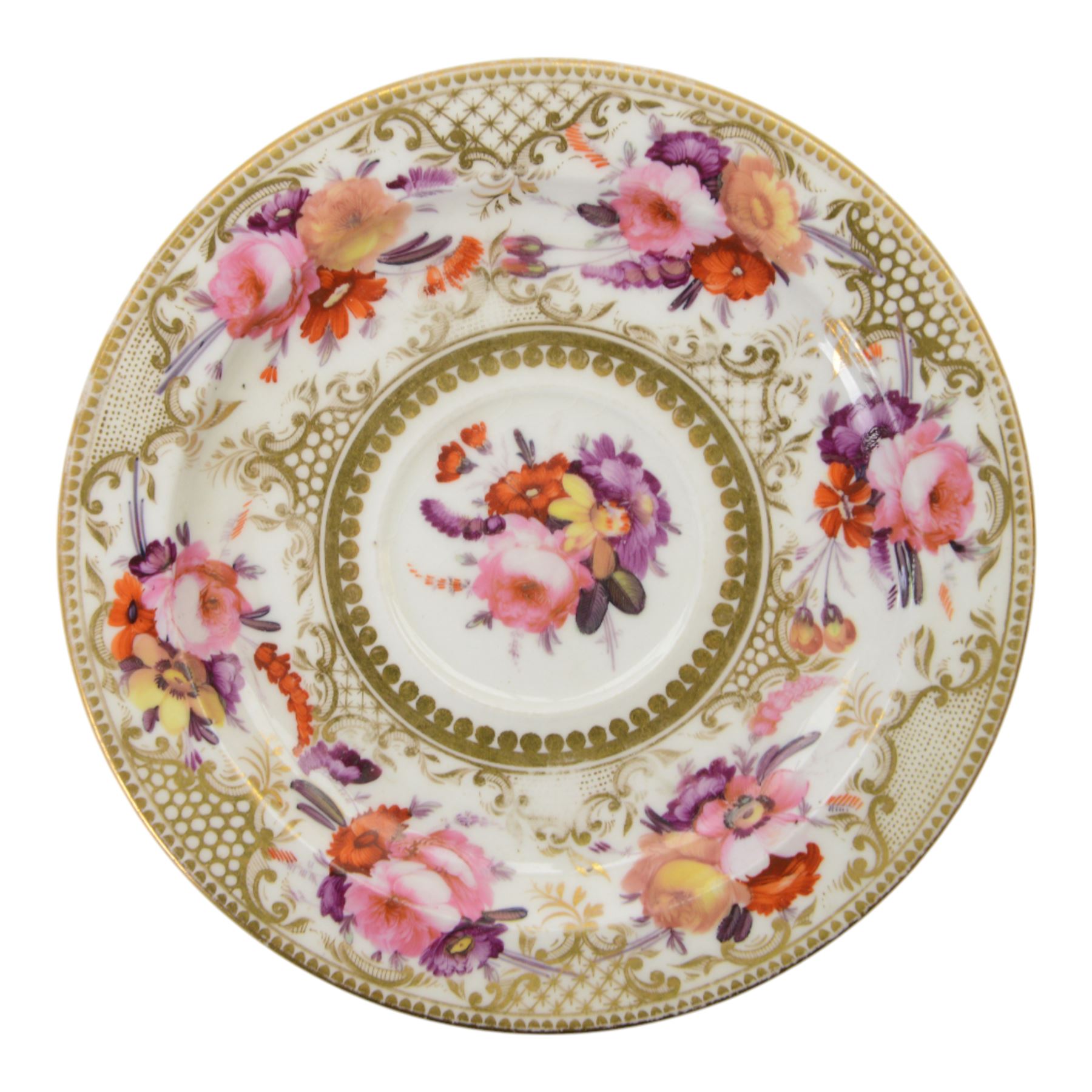 Coalport teawares, circa 1820-1840, comprising set of four trios, coffee cups, teacups and saucers, and slop bowl, decorated in the 830 pattern, with floral sprays and gilt shaped reserves, two further coffee cups and saucers, decorated with floral sprays upon blue grounds/with blue borders, and a similar coffee cup