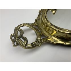 Ornate brass centrepiece, with twin handled vase upon a mirrored base, with floral and scrolling decoration, H23cm 