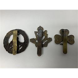 Fourteen cap badges of Irish interest including Royal Dublin Fusiliers inscribed to the slider 'From A. O'Connor 2nd Batt. Dec.2nd 1915', Connaught Rangers, South irish Horse Yeomanry, Inniskilling Fusiliers, Royal Irish Regiment etc; and seven Welsh badges including South Wales Borderers, Welsh Guards, 3rd Bn. Monmouthshire Regt. etc (21)