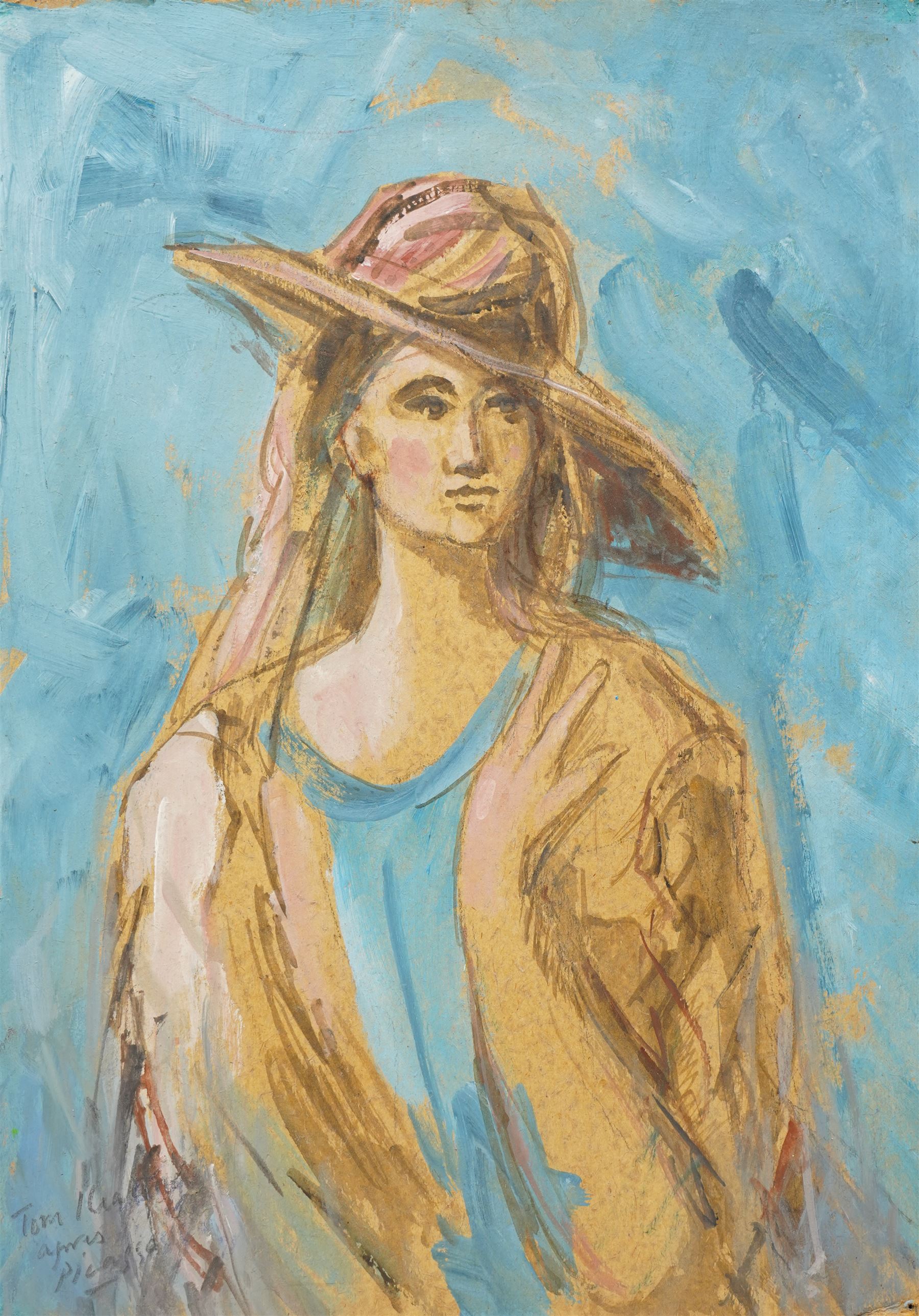 Tom Keating (British 1917-1984) after Pablo Picasso (Spanish 1881-1973): Lady in a Wide Brimmed Hat, watercolour and acrylic on board signed, 46cm x 33cm 