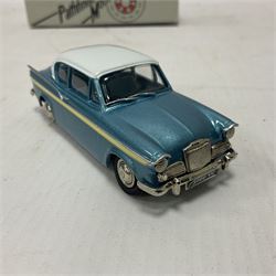 Pathfinder Models - two 1:43 scale model cars comprising Riley 1.5 1958 PFM14 with certificate of authenticity no.571/600 and Sunbeam Rapier 1962 PFM15; both in original boxes  