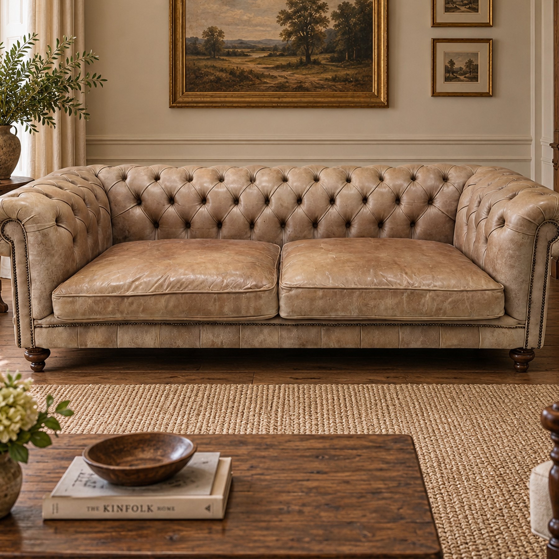 Distinctive Chesterfield - Chesterfield upholstered in taupe leather, deep button back and arms, loose seat cushions, raised on dark stained supports 