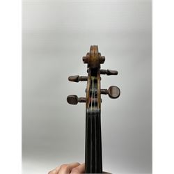 French Mirecourt violin c1920s with 36cm one-piece maple back and ribs and spruce top, labelled Jermone Thibouville-Lamy, L59cm, in fitted carrying case with German bow and 1984 valuation certificate by Frome Valley Music