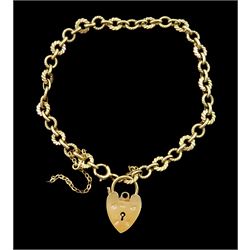 9ct gold fancy circular link bracelet, with heart locket charm, hallmarked