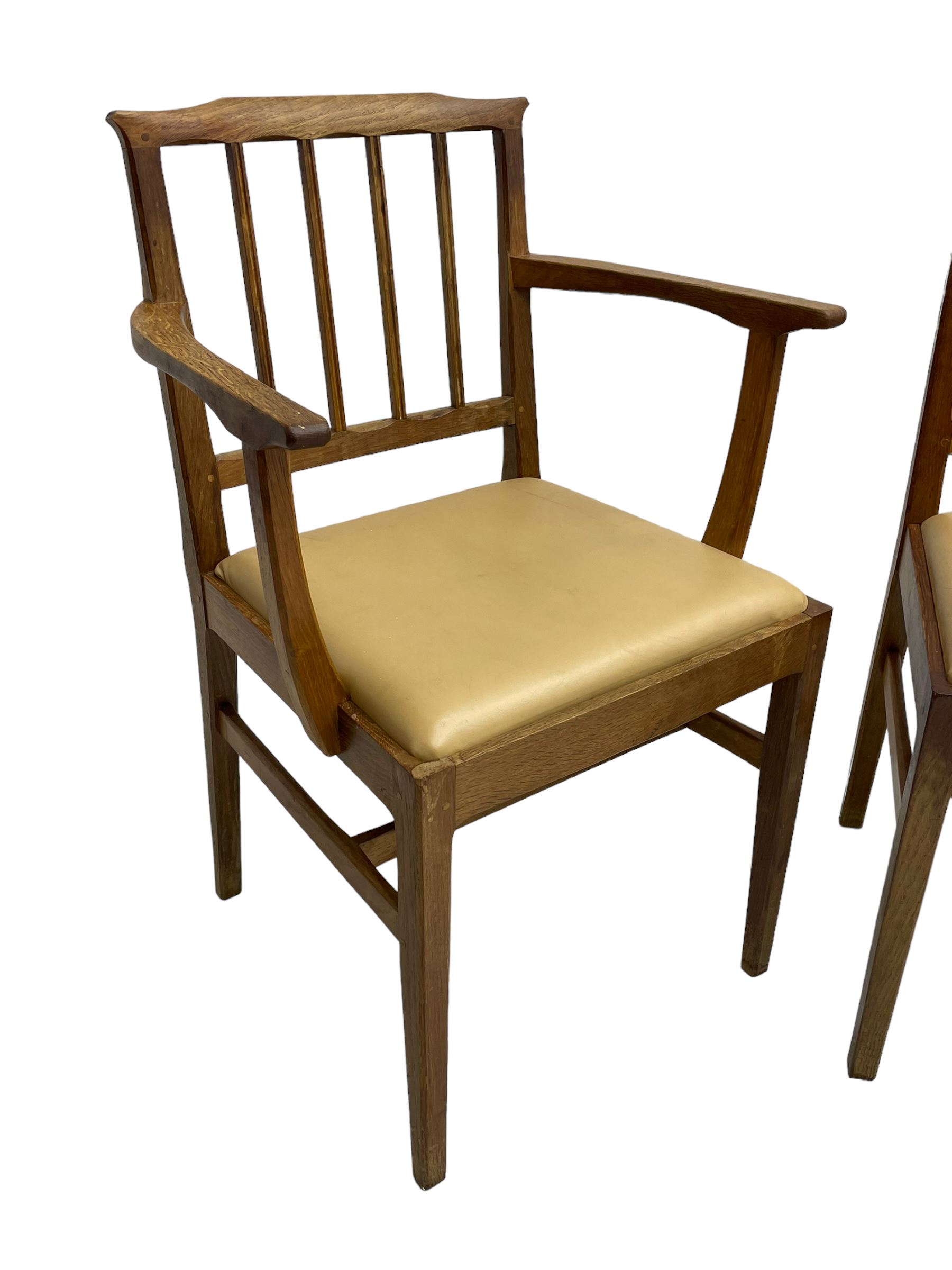 Acornman - set six (4+2) oak dining chairs, shaped cresting rail over moulded upright slats, square tapering supports joined by H-stretchers, by Alan Grainger, Brandsby, York