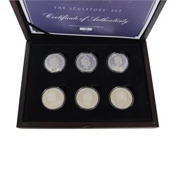 Queen Elizabeth II Jersey 2015 'H.M. Queen Elizabeth II Portraits The Sculptors' Set', comprising six silver proof five pound coins, cased with certificate