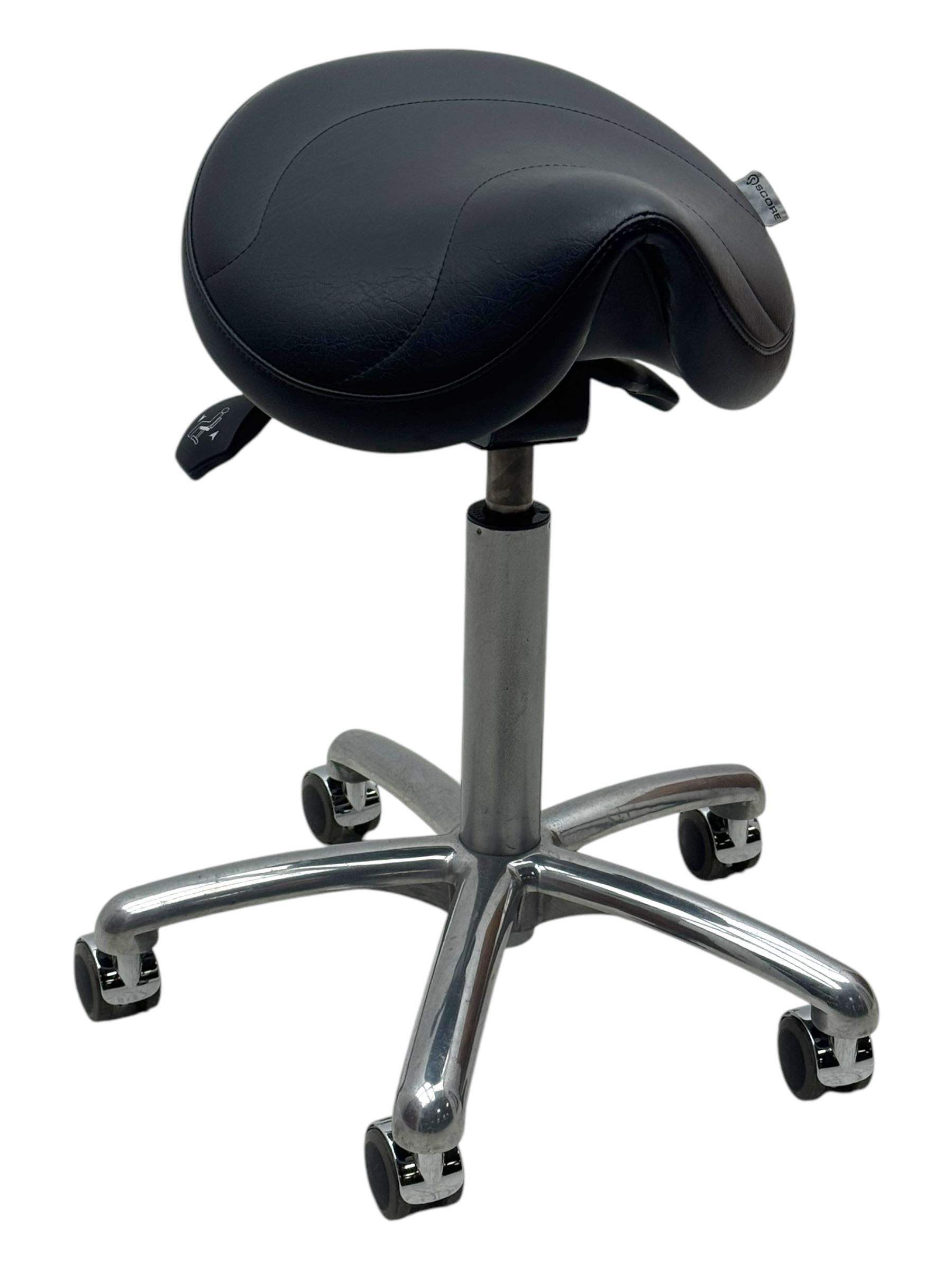 Score - contemporary 'Amazone' saddle stool, upholstered in black leatherette with adjustable height and tilt mechanism, raised on chrome spoke base fitted with castors