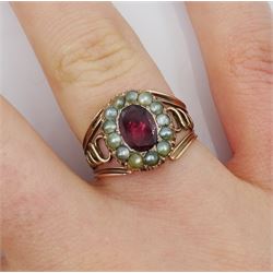 19th century gold oval red/pink stone and seed pearl ring