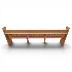 Victorian pitch pine church pew, tongue and groove back with rear shelf, shaped sides and supports 