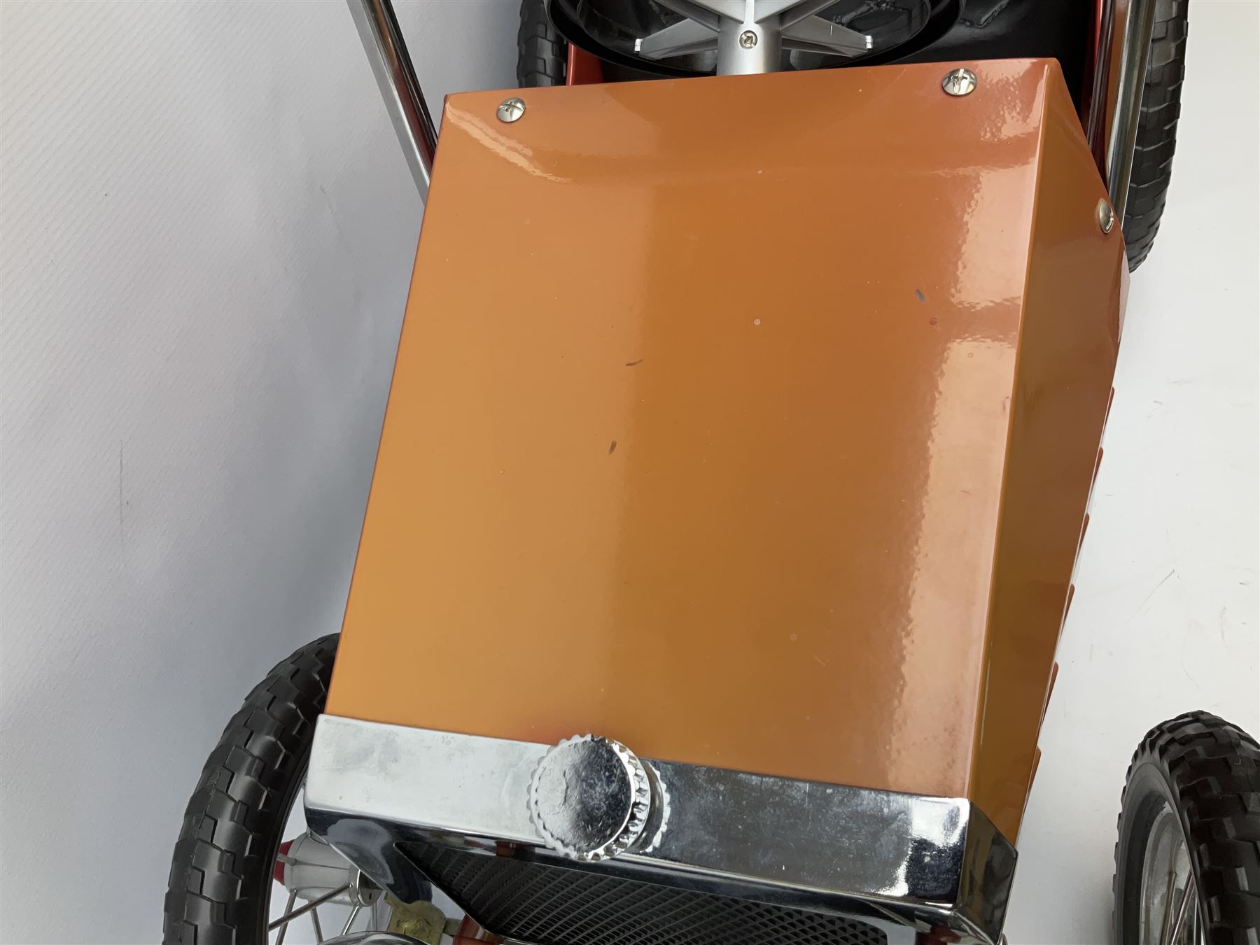 Red child's tin-plate pedal car with chrome detail, by Posh Paddles, Scarborough, H56cm, L80cm