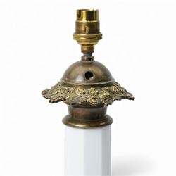 19th century Bohemian white glass table lamp of facetted mallet form with brass mounts H53cm excluding bulb holder