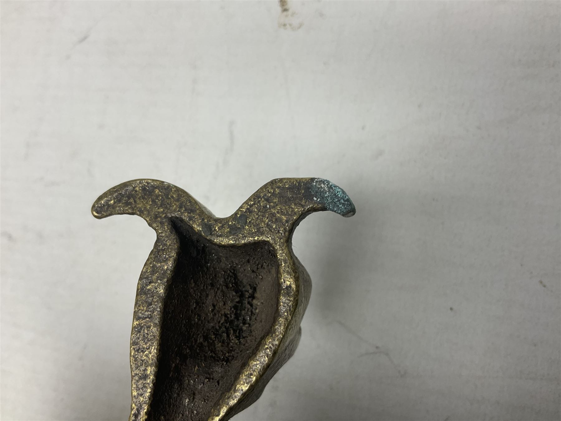 Gothic style cast brass door knocker, modelled with the Greek three-headed hell hound Cerberus on Rococo style base with central knocker of tear drop above Hades, God of the underworld, L29cm