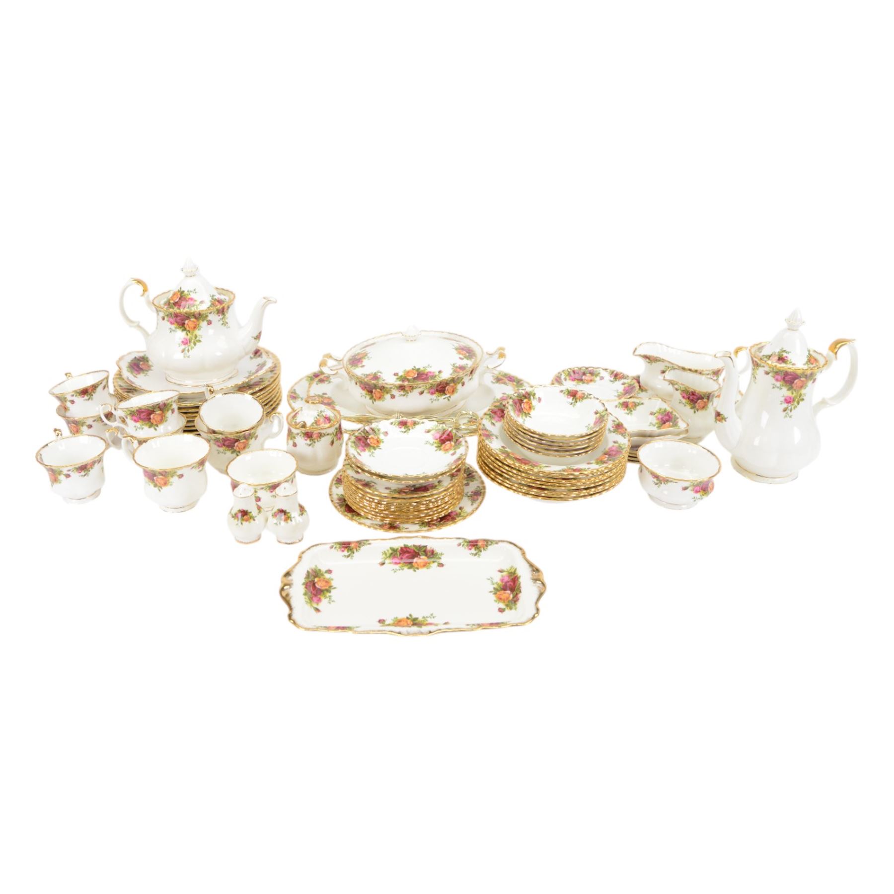 Royal Albert Old Country Roses tea and dinner service, including teapot, coffee pot, milk jug, covered sucrier, six cups and saucers, eight dinner plates, eight soup bowls, sauce boat and saucer etc