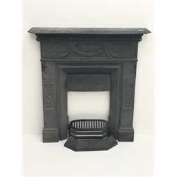  Victorian cast iron fireplace, moulded top, dentil frieze, W90cm, H99cm  