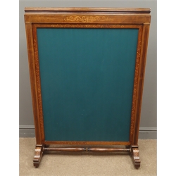  Victorian inlaid rosewood screen, pull up upholstered panel, inlaid with scrolled tailing foliage, boxwood stringing, turned stretcher, W83cm, H118cm, D31cm  