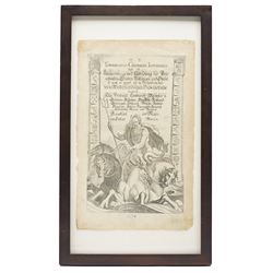 Matthäus Merian (Swiss 1593-1650): 'Topographia Germaniae Inferioris', 17th century engraved title page from the Topographia Germaniae series depicting Neptune in a sea chariot flanked by the coats of arms of the Seventeen Provinces, pub. by Caspar Merian, Frankfurt c.1659, with full margins 34cm x 20cm