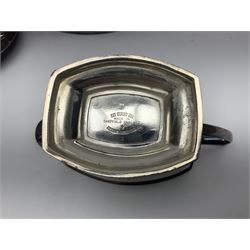 Silver-plated egg coddler, with nesting bird finial, together with other silver-plated items comprising four piece tea service, two pairs of knife rests, two serving forks and a boiled egg set, coddler H