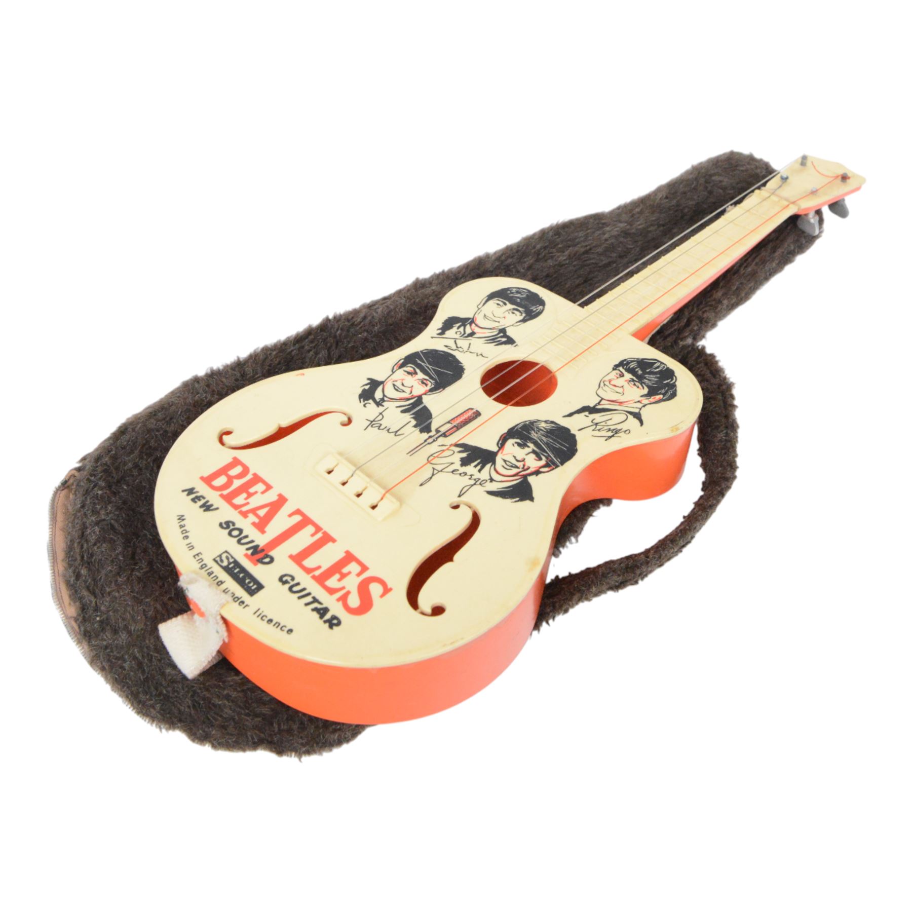 1960s Selcol 'The Beatles New Sound Guitar', plastic toy guitar, in brown faux fur case, H58.5cm