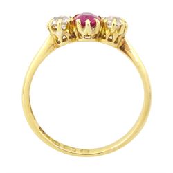 Victorian 18ct gold ruby and diamond three stone ring, single oval cut ruby of approx 0.45 carat, with a single old cut diamond set either side, Birmingham 1898, total diamond weight approx 0.35 carat