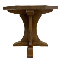 Mouseman - occasional table, adzed octagonal top, cruciform base on sledge feet, carved with mouse signature, by the workshop of Robert Thompson, Kilburn 
