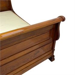 Simon Horn - 'Chatsworth' hardwood 5' 3'' Queen-size sleigh bed or lit bateau, panelled head and footboard with scrolled frames, on moulded block feet, with upholstered base