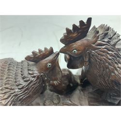 Pair of Japanese Meiji carved hardwood fighting cockerels, group of two Cockerels, H10cm