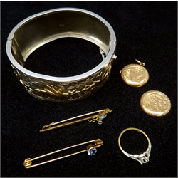  Aquamarine gold brooch, one other similar, both stamped 9ct, diamond ring stamped 18ct and silver bangle, bird and foliage decoration by Joseph Smith & Sons, Chester 1948   