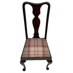 Mixed set of twelve early 20th century mahogany Queen Anne style dining chairs, all with shaped vase backs and cabriole front supports, matching drop-in seats upholstered in tartan patterned fabric