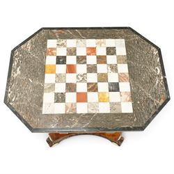 Early 19th century Anglo-Indian rosewood and specimen marble chess table, the octagonal top inset with a chequerboard of various coloured marbles within a broad fossil marble border and black marble edge, over a foliate and rosette carved frieze and turned-and-tapering pedestal with lotus-carved decoration, on a concave-sided quadripartite platform base with anthemion carved scroll terminals, inset ivory roundels and brass bun feet