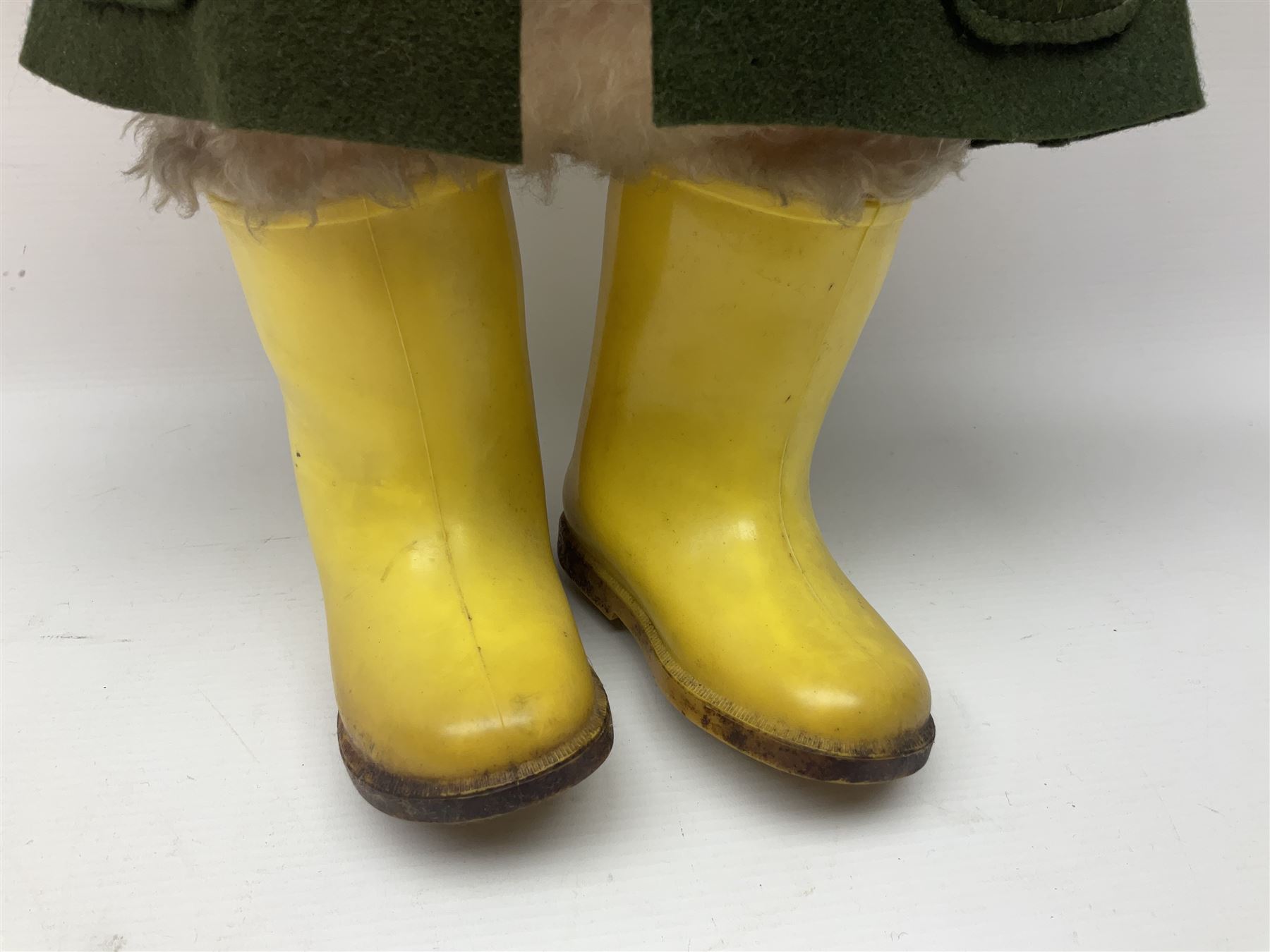Vintage Paddington Bear teddy with yellow felt hat, green coat and yellow Dunlop boots, H48cm