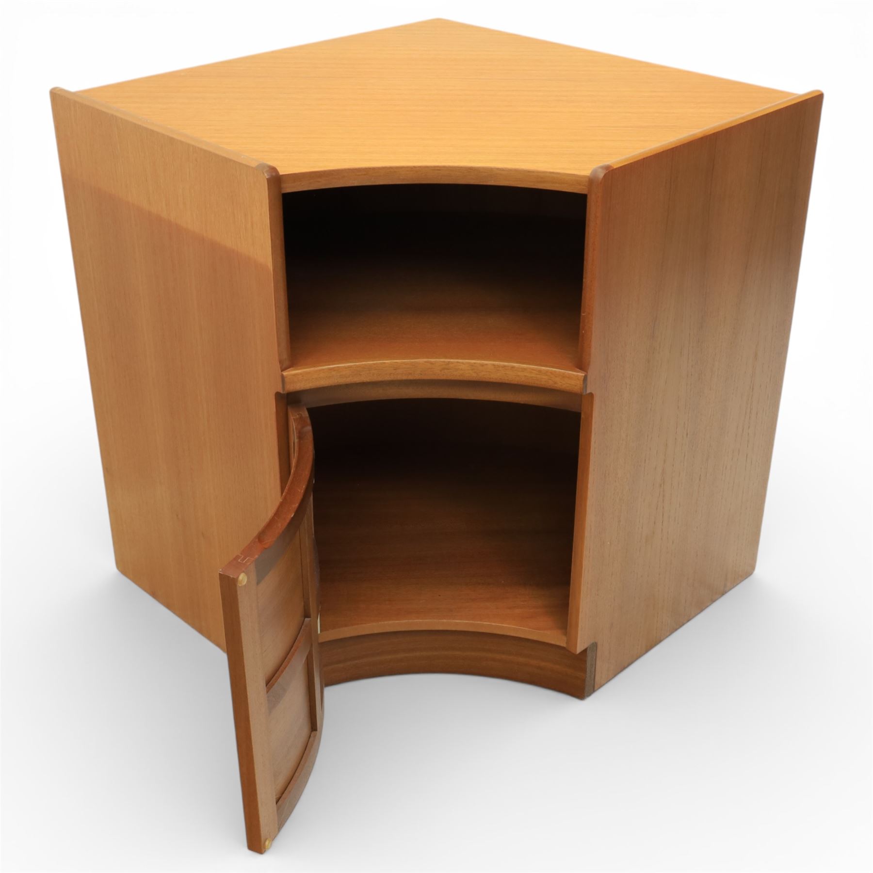 Nathan - concave corner cabinet, each of quarter round form with square top to fit against a wall, with open display compartment above a signature square panelled cupboard door, raised on a recessed plinth base