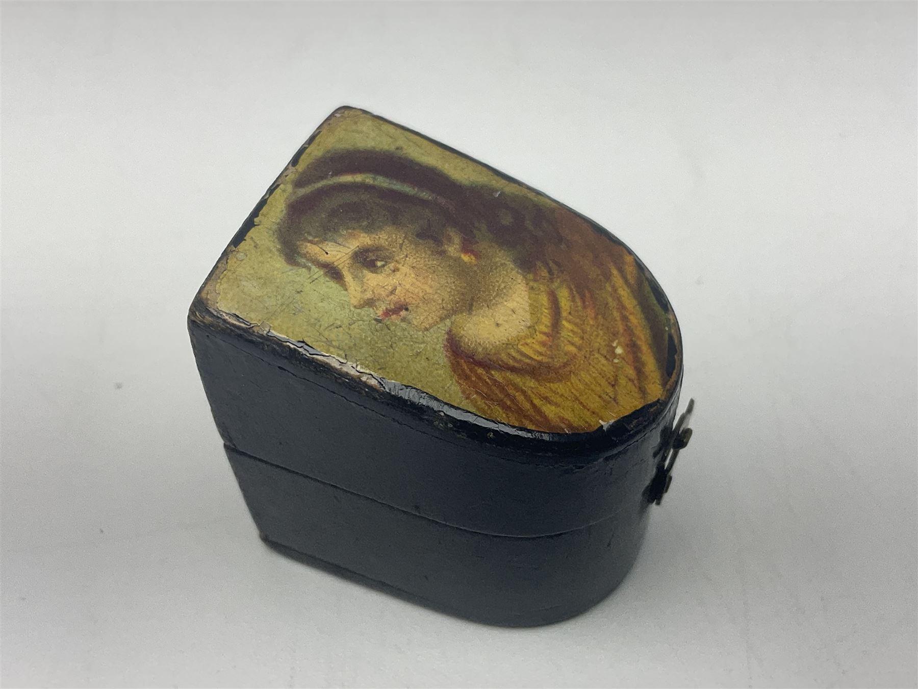 19th century lacquer thimble case with painted portrait of a woman to the hinged lid, together with two mother of pearl egg shaped thimble cases and one other