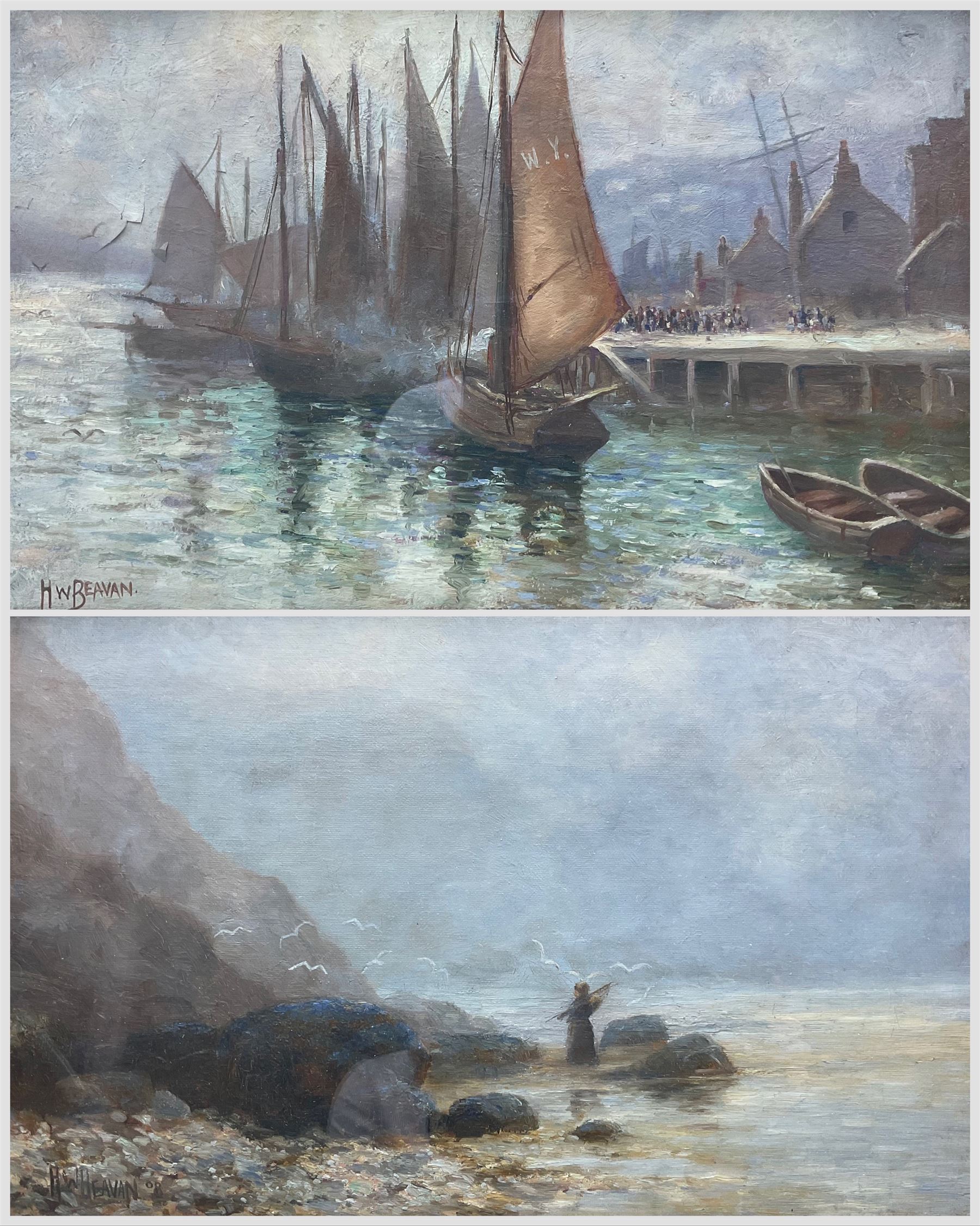 H W Beavan (British Early 20th century): Sailing Boats Moored in Whitby Harbour and Angler on Whitby Shore, pair oils on canvas signed one dated '08, 24cm x 39cm (2)