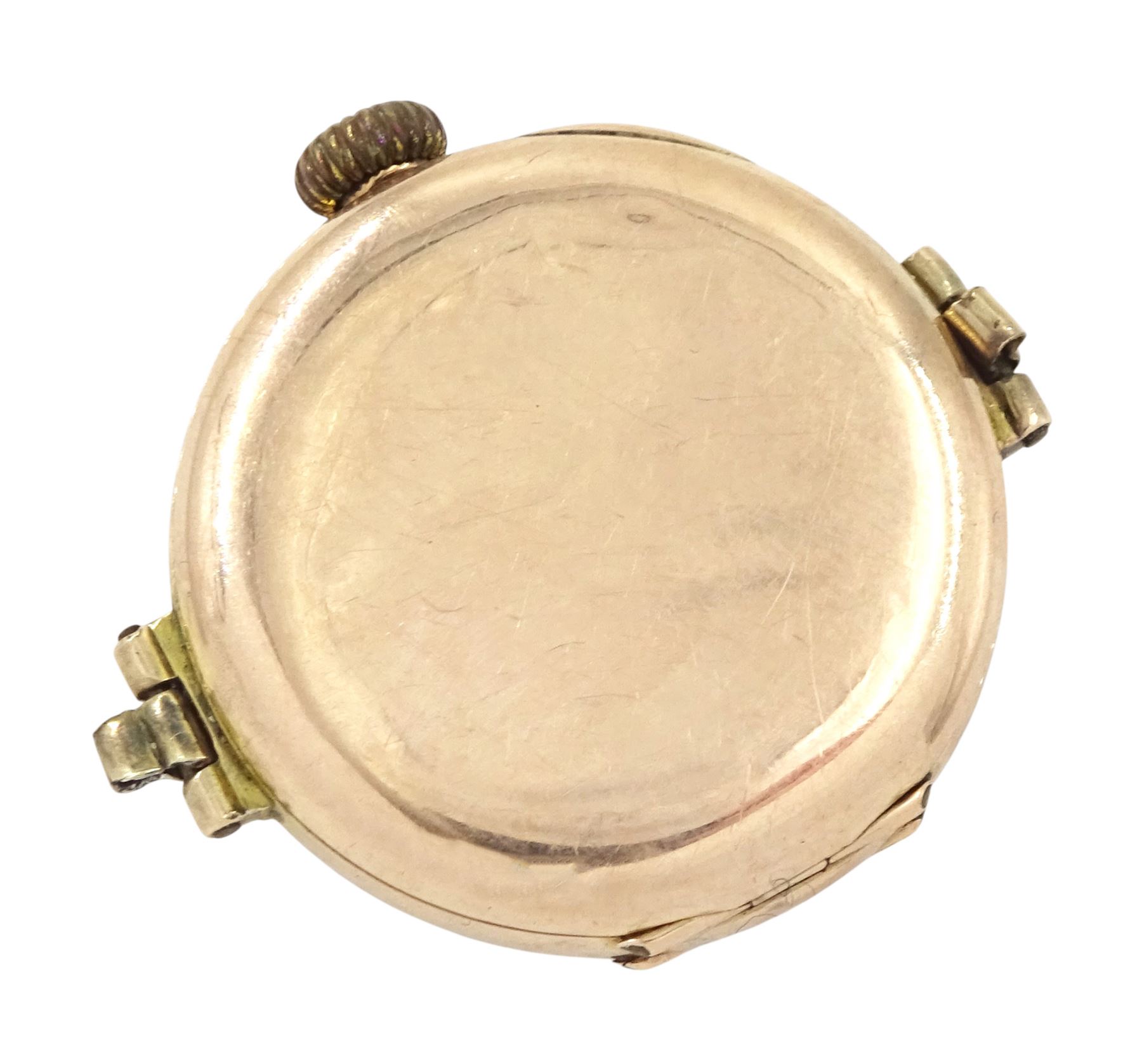 Rolex early 20th century 9ct rose gold manual wind wristwatch, white enamel dial with Arabic hour markers, London import mark 1916