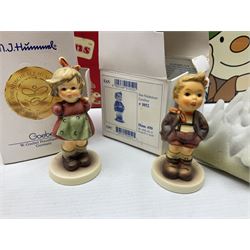 Royal Doulton The Mickey Mouse Collection Pluto figure, Coalport Characters The Snowman Dressing Up figure, three Royal Doulton Bunnykins figures comprising Policeman, Morris Danger and Eskimo, and display stand, Royal Doulton John Beswick Tiggy Winkle, Royal Albert Beatrix Potter Peter Postbag and three Goebel Hummel figures, all boxed