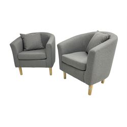 Pair small tub chairs, upholstered in graphite grey fabric and raised on tapered feet
