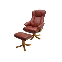 Mid-20th century design reclining armchair with swivel action, upholstered in red leather, raised on U-shaped supports with quadruform base, with matching footstool