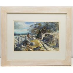 Gill Douglas (Northern British 1944-): 'Journeys End - Isle Ewe Wester Ross', watercolour signed, titled verso 24cm x 36cm 
Notes: Originally from Newcastle upon Tyne, at the age of 28 Gill moved to study Theatre Design at Art College in Nottingham.  On completion of her Diploma, in 1976,  she moved to York to establish herself as an artist and print maker.