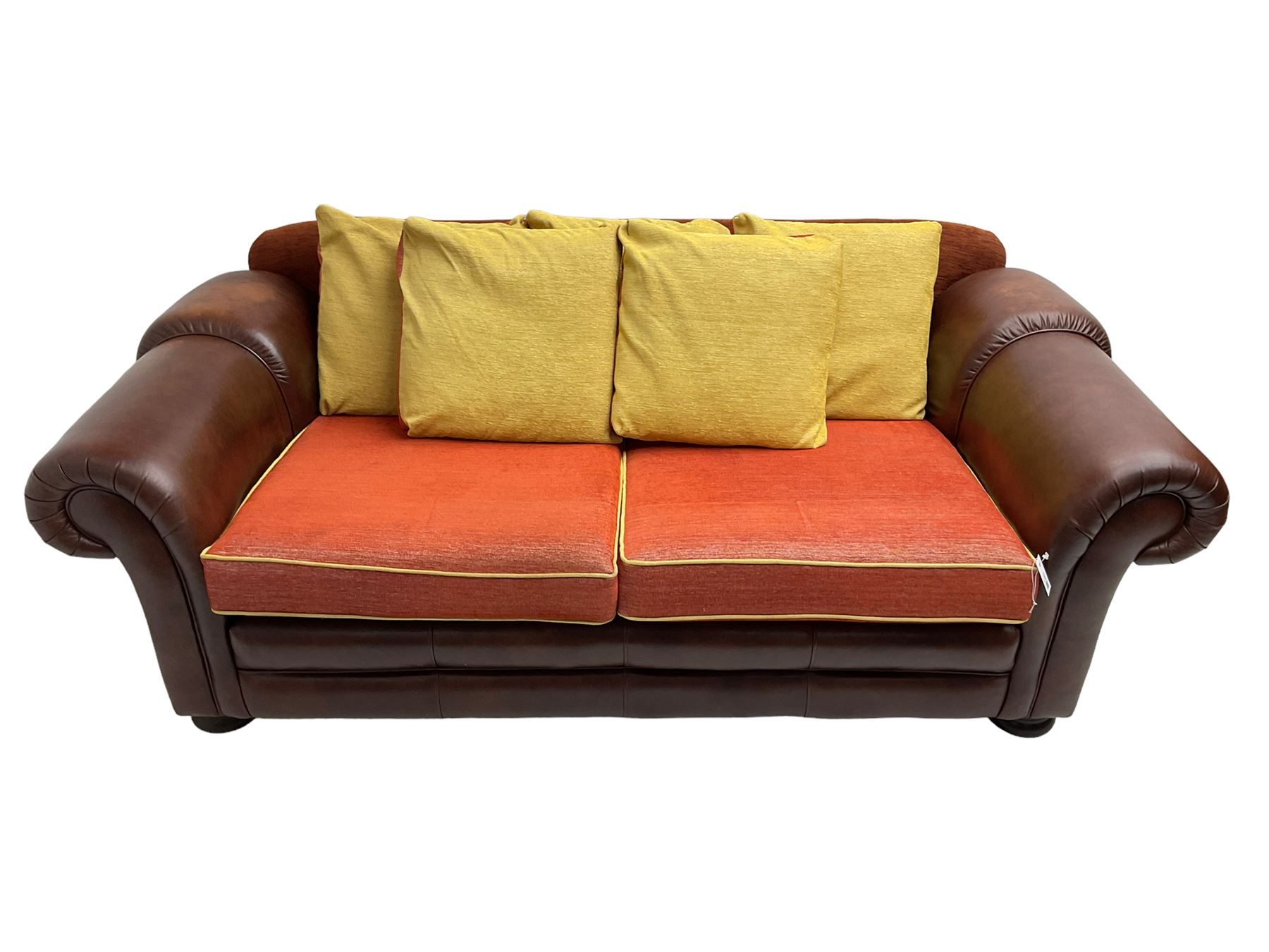 Gainsborough Lounge Suites - three piece leather and fabric lounge suite - pair two seat sofas (W225cm, H82cm, D105cm), and matching armchair (W88cm), on turned front feet with scatter cushions