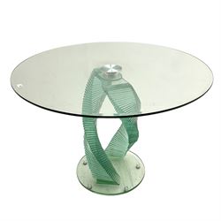 Contemporary sculptural glass table, on stacked twist base, bevelled circular top