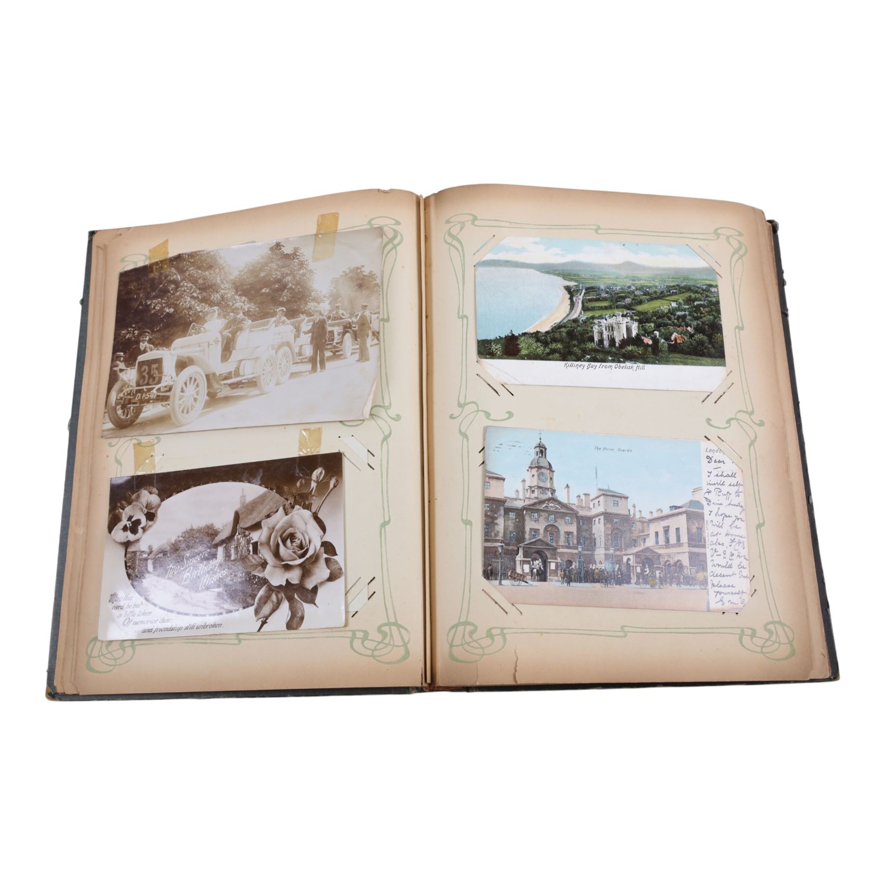 Collection of early 20th century postcards and greetings cards, including WWI embroidered silk Christmas card, black and white family photographs, 1920s birthday cards, black and white and colour postcards of Margate, Ramsgate, Blackpool etc, housed in three postcard albums