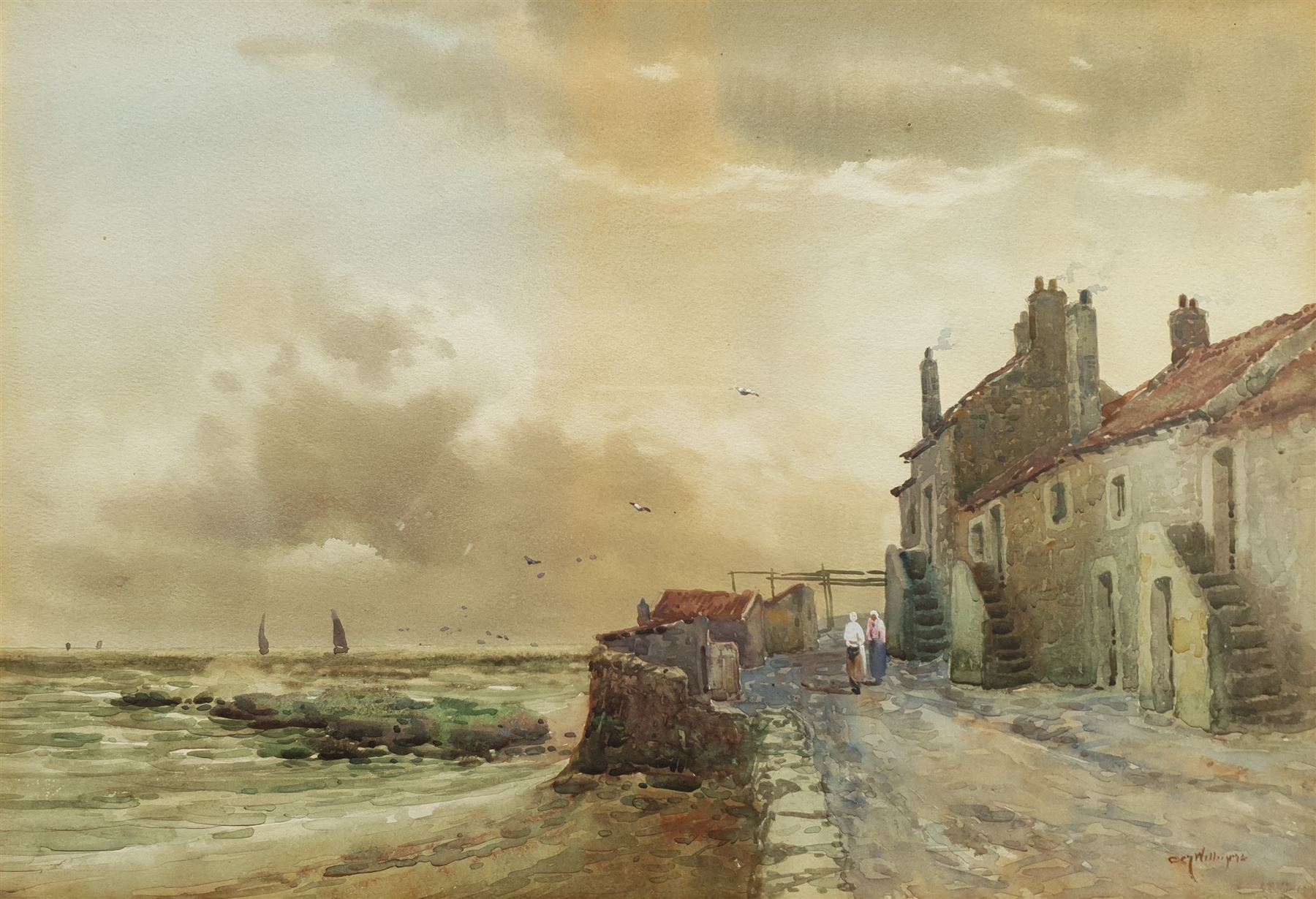 C M Williams (British 19th/20th century): Figures on the Quayside, watercolour signed 34cm x 50cm; English School (20th century): Still Life with Cacti, watercolour unsigned 25cm x 36cm (2)