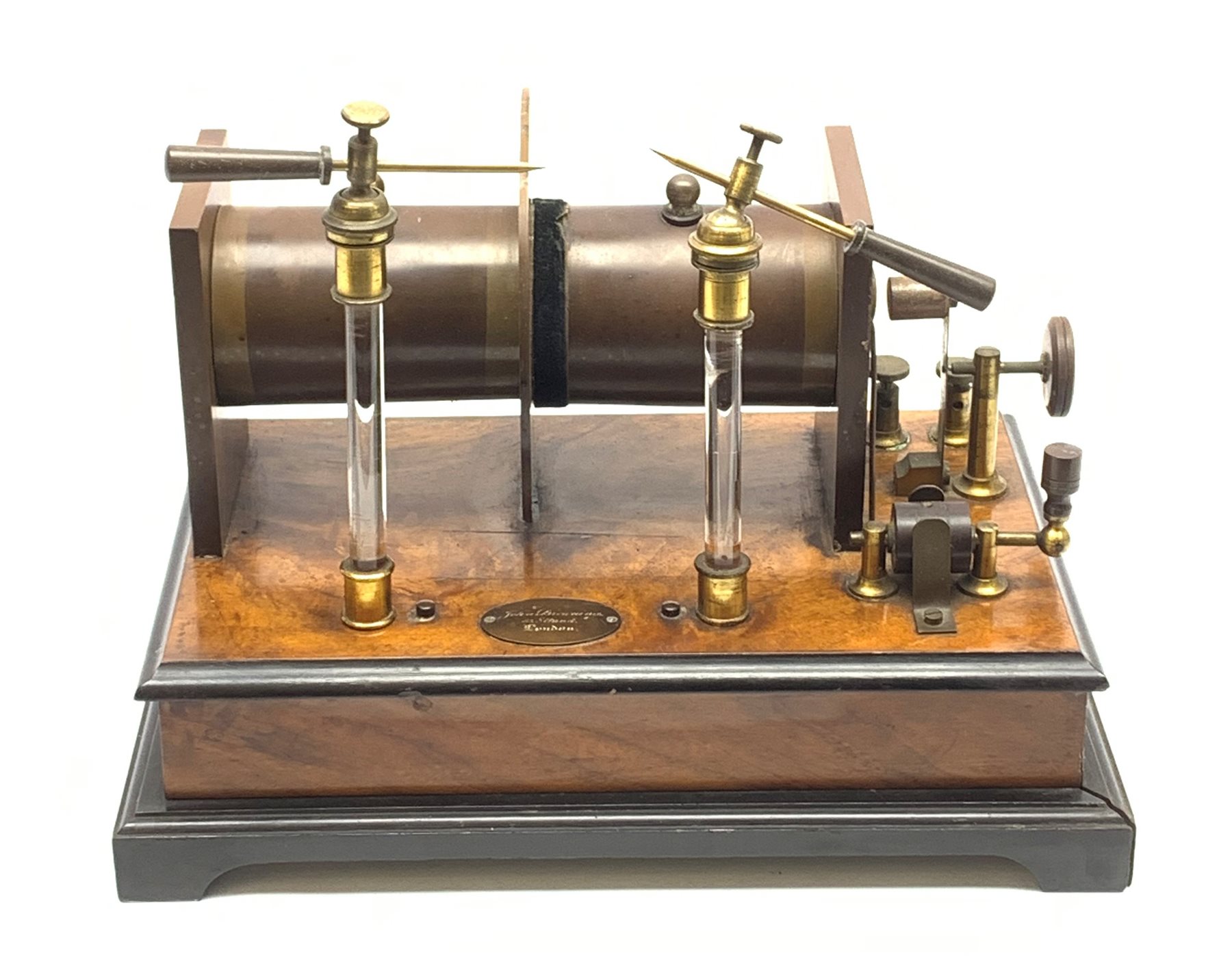 Victorian induction coil by John Browning 63 Strand London, on walnut and ebonised base with maker's plaque L33.5cm
