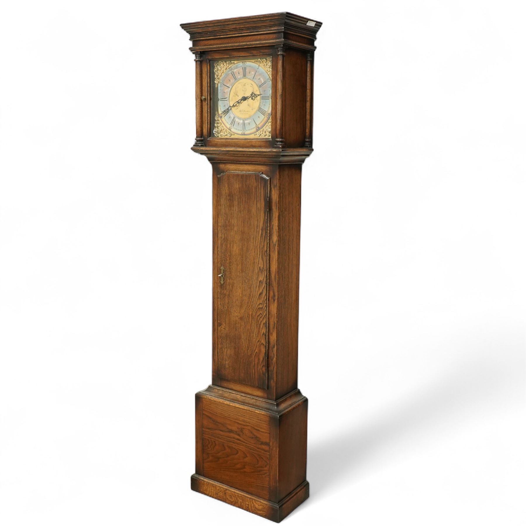 20th-century-oak cased  8-day longcase clock, in an 18th century provincial style case, square brass dial with an engraved centre, cast spandrels, steel hands and silvered chapter ring, dial engraved 
