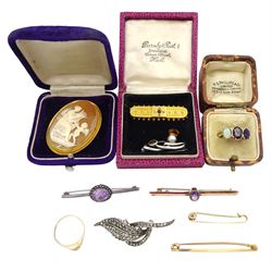Victorian and later jewellery including 9ct gold opal, garnet and amethyst ring, 15ct gold ruby and diamond brooch, 9ct gold cameo brooch, three other gold brooches and ring and three silver brooches including one by Charles Horner 