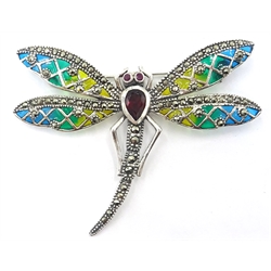 Silver plique-a-jour, marcasite and stone set dragonfly brooch stamped 925  